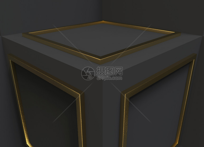 形象的3d以深色立方体盒角形壁背景显示抽象金色方形块的墙图片