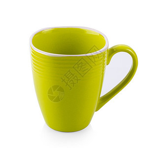 茶早晨白底孤立的绿色陶瓷杯白的图片