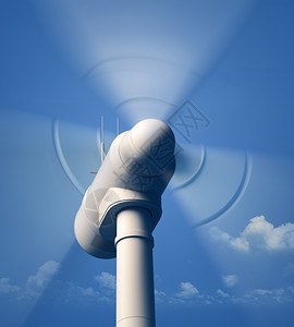风力涡轮机在近视中运动其背景为青蓝云天空3D艺术风叶旋转蓝色烟雾天空的近景3D艺术作品移动斯瓦内普尔力量背景图片
