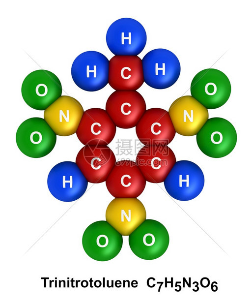 黄色的白背景上孤立的三硝基甲苯分子结构的3d交式Atoms以含氟H蓝色氧化氢绿色氮N黄碳C红的颜和化学符号编码为星体球象征图片