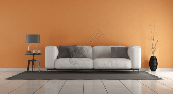 建筑学房间带有橙色墙和黑地毯上白色沙发的客厅3天用橙色墙和现代沙发作为客厅室内的图片