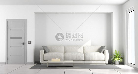 当代的枕头墙白色沙发在客厅白一个有闭着门和窗户的客厅里3D图片