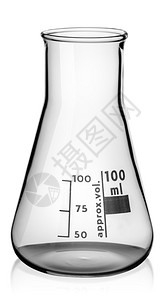 研究化学试剂在白色背景上隔离的玻璃锥形圆柱设计图片