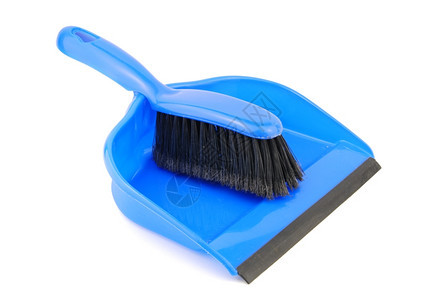 扫帚刷牙白色背景上隔绝的蓝色粉尘和刷子白的图片