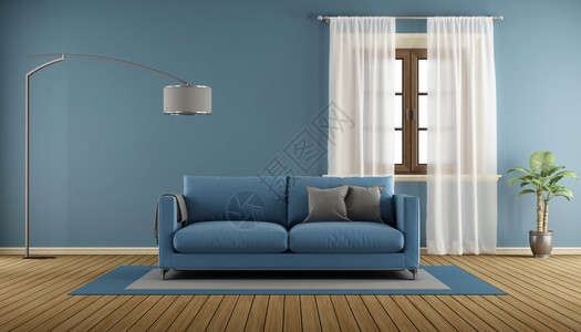 蓝色客厅有木制的蓝色房间有木窗户现代沙发和白色窗帘3D现代的建筑学长椅图片