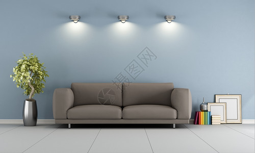 蓝色休息室有优雅的棕色沙发3D客厅水平的软垫图片