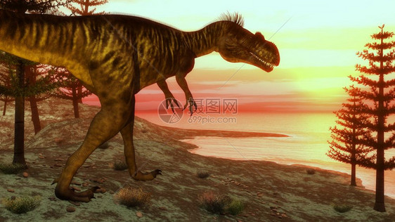 日落前向海洋行进的巨龙恐3D使巨恐向海洋行进3D海滩巨大的古生物学图片
