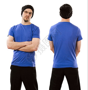 一种照片个穿着空白蓝色T恤衫前背面和身的男子眼镜模型图片