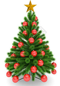 红色的金子光滑圣诞树上装饰着红色圣诞球和金明星的树孤立在白色3D铸造图片