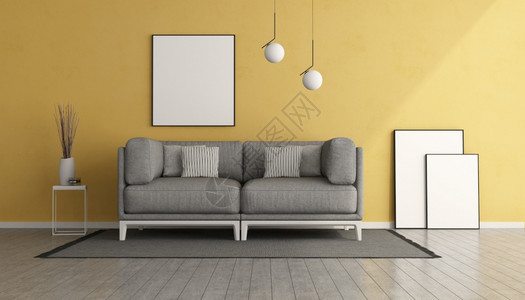 渲染居住黄色客厅灰沙发和空白图片框3D为黄色客厅灰沙发镶木地板图片