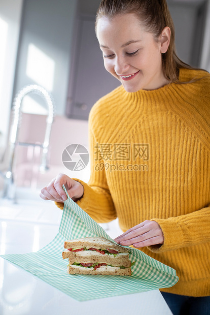 在可再利用的环境友好型蜜蜂球包装中妇女扎桑威奇装好的可生物降解厨房图片