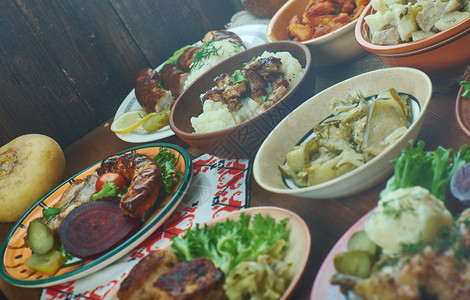 丹麦自制烹饪传统各类菜盘顶视图安德斯特格食物架空图片
