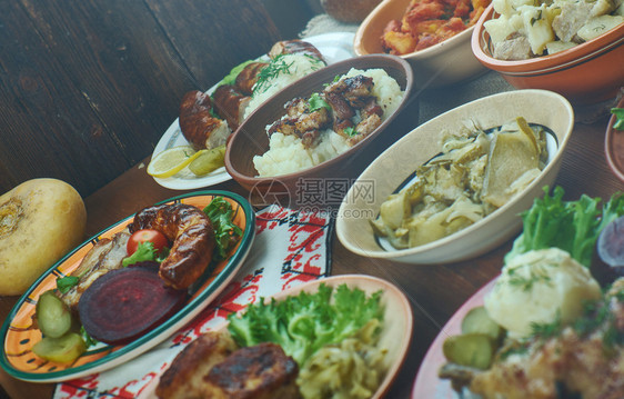 丹麦自制烹饪传统各类菜盘顶视图安德斯特格食物架空图片