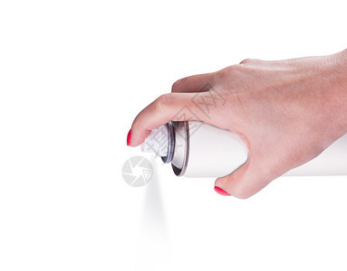 白色的头发喷雾可隔离在妇女手上的白色背景气溶胶喷雾罐金属瓶涂料现实照片图像上锡图片