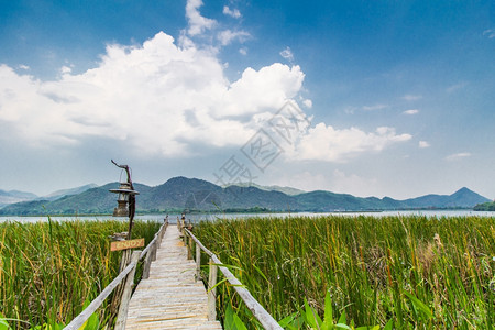 暂停人行天桥河在泰国卡伦查纳布里有山地和天空风景的水库桥图片