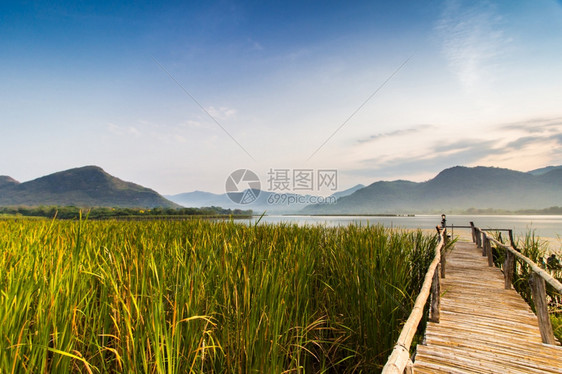 黎明蓝色的绿在泰国Kanchanaburi有山地和天空风景的水库附近竹桥图片