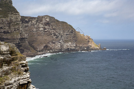 湾的垂直斜坡岩石海岸进入蓝色的远多岩石图片