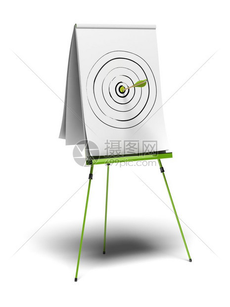 介绍一种目的上面画着一个目标的绿色翻页图箭头射中心图像在白色背景上方图片