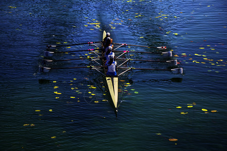湿的船团队女士四人排在湖边赛跑图片