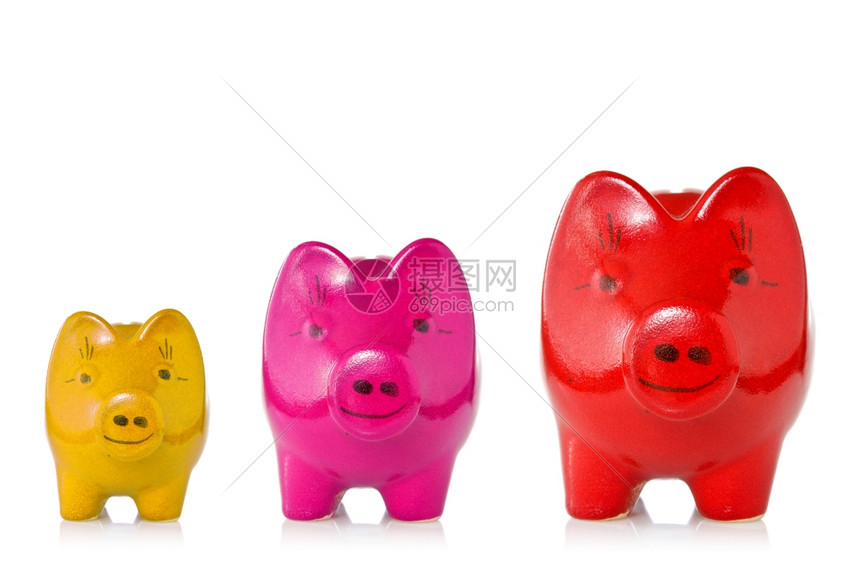 生长尺寸不断增的投资概念三只白底银行规模越来大的猪头银行以白色背景为基础颜图片