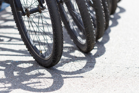 自行车停泊处的自行轮和日晒出租旅行游图片