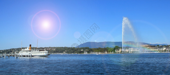 瑞士著名的喷泉和老旧蒸汽船日内瓦全景假期喷射镇图片