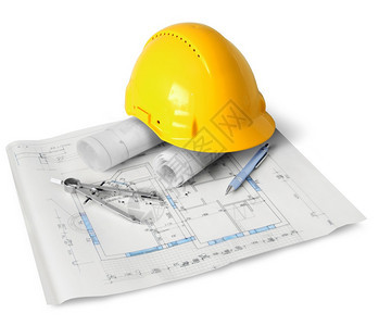 草图结构体建筑纸工具和白色背景孤立的硬帽与白背景隔开的施工计划具家图片