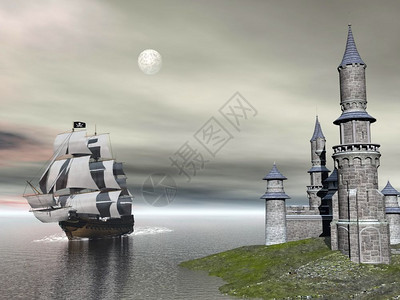 美丽的海而详细老旧商船在满月的阴云之夜返回城堡家后3D插图图片