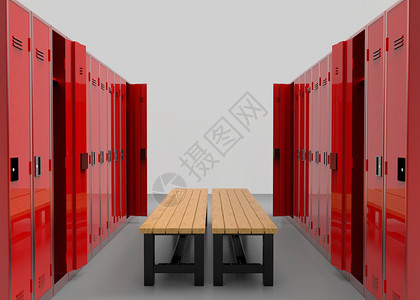 3d红色储物柜排成用木板凳隔开渲染健身房门图片