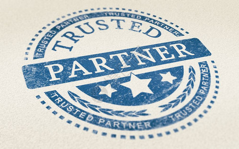 橡胶咨询合作印在纸质文件图理上的受信任伙伴标记用以说明对伙伴关系和商业服务的信任概念背景商业伙伴关系信托商业伙伴关系背景情况概念图片