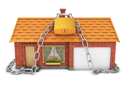 哪一个系统保护漂亮的房子它包着金属链与锁3D图片