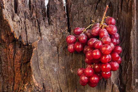 老的颜色一堆红葡萄挂在棕木上簇图片