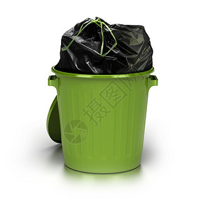 白色背景的绿垃圾罐头里面有塑料封装袋演播室镜头加上3D垃圾绿色罐会是白背景拒绝治疗反射图片
