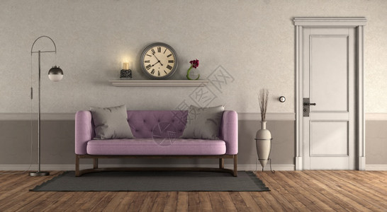 粉色的居住钟古典式客厅有粉色沙发和闭门3D制成经典式客厅有粉色沙发图片