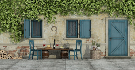 墙一座用椅子和食物在木板凳子上架椅和食品的老古乡村房屋的法院庭3日蓝色的肮脏图片