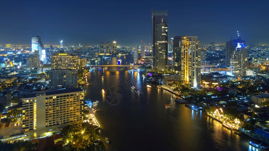 反射商业曼谷夜间风景黄昏时地貌河景色曼谷夜间风景市中心图片