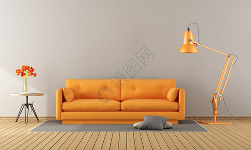 客厅黄色沙发客厅的橙沙发3D水平的极简主义者地面背景