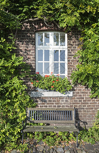 花瓶旧农场墙上有绿色植物花园中老岩石上有座椅长乡村的图片