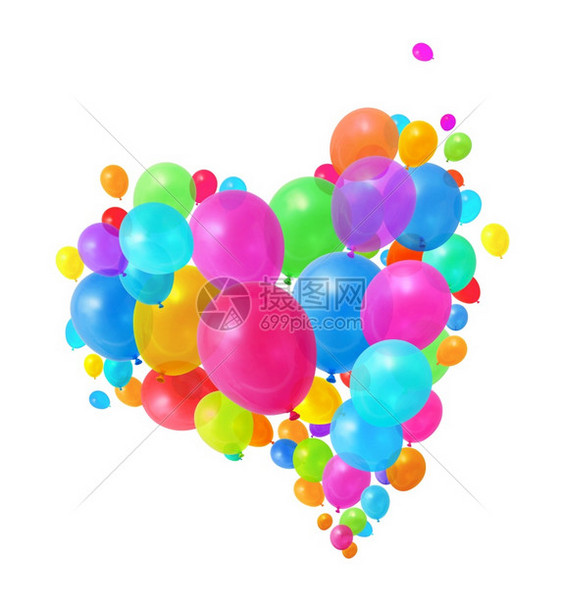 漂浮的彩色气球飞行心形成白色背景彩气球心组庆典氦图片