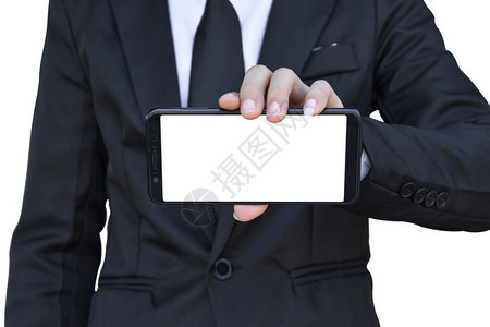 抓住男公司的商人手持空白屏幕智能手机孤立在白色背景上有剪切路径图片