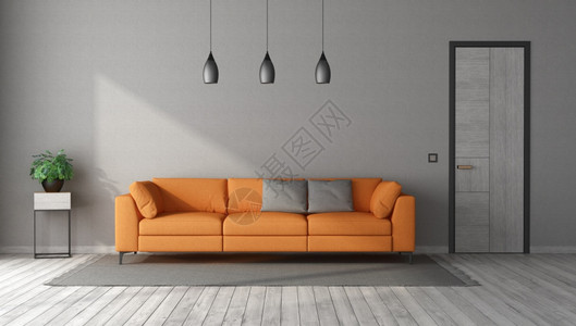 优雅带橙色沙发的现代客厅灰色房间闭门橙色沙发闭门室内植物软垫图片