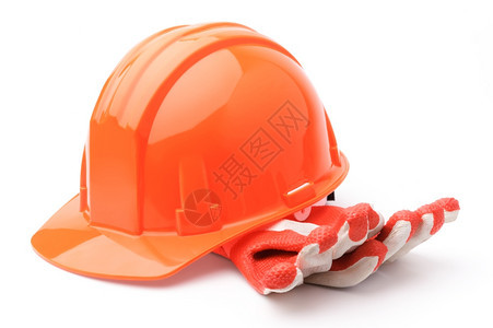 工作服安全帽重的在白色背景上隔离的硬顶帽和手套白底图片