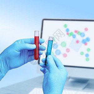 屏幕检查管子化学手握测试管分子模型监测器显示试管验实室图片