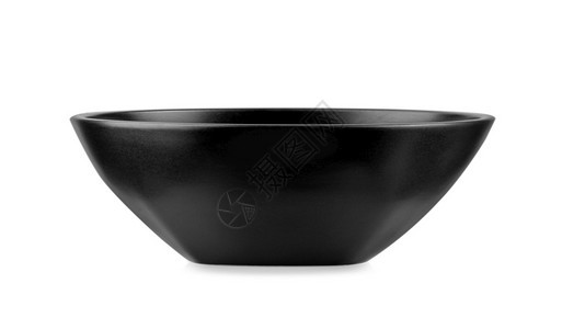 正面白色背景隔离的黑陶瓷碗食物空的图片