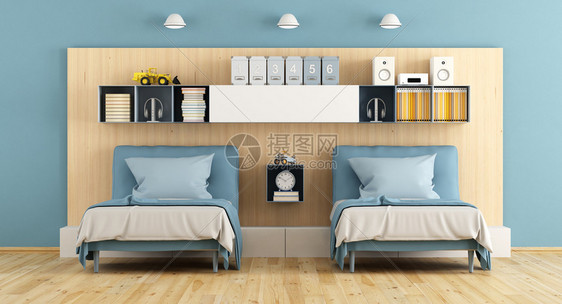 两张单床的青少年卧室以及架木板壁3d翻叠物Balu和木制控板公寓家图片