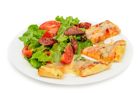 肉早餐配有融化奶酪和新鲜蔬菜沙拉的披萨片和午餐图片
