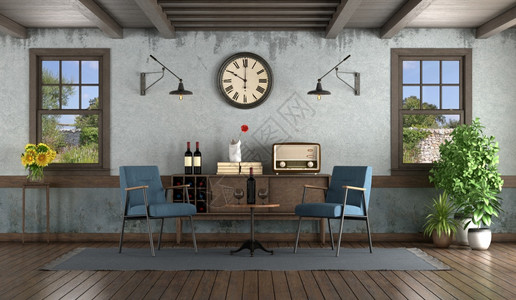 水平的优质木头Retro风格客厅配有扶椅靠板和木窗3D制成Retro风格客厅配有扶椅和侧板图片
