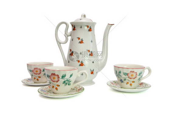 瓷传统的波隆斯基白茶服务包括高壶和三个杯子配有涂孤立狗条的酱汁图片