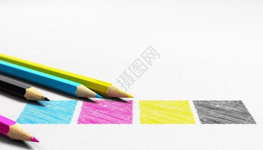 黑色的四青红紫黄黑手写在纸质上面有四支木铅笔围着4根木铅笔用概念图像进行形设计和预压CMYK抵消基本的图片