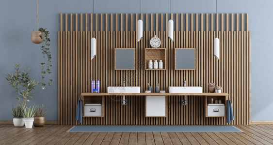 锅水平的家洗手间配有双脸盆防止木板面3D制成现代洗手间配有双脸盆图片